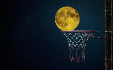 ночь, луна, баскетбол, баскетбольное кольцо, баскетбольная корзина