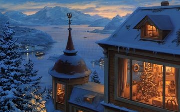 свет, снег, елка, зима, дом, окна, рождество, евгений лушпин