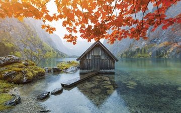озеро, горы, листва, осень, дом