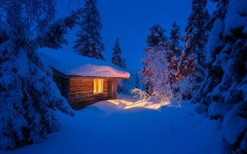 свет, ночь, деревья, снег, природа, зима, пейзаж, домик, ели, избушка, сугроб