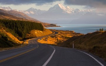 дорога, горы, лес, новая зеландия