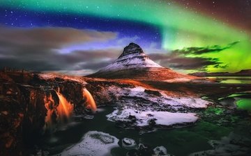свет, ночь, северное сияние, исландия, водопады, гора kirkjufell