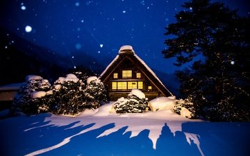 licht, bäume, abend, schnee, natur, winter, landschaft, japan, haus, schatten, das dorf, сиракава-го