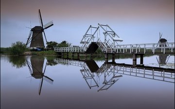 мост, канал, мельница, нидерланды, голландия, киндердейк