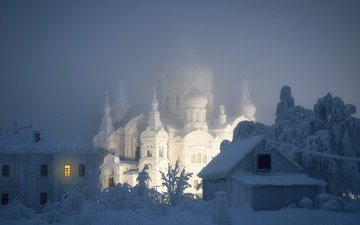 снег, храм, зима, мороз, россия, сарай, крестовоздвиженский собор, белая гора, изморозь, пермский край, белогорский николаевский монастырь