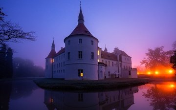 ночь, вода, отражение, замок, германия, ров, бранденбург, замок фюрстлих-дрена, castle fürstlich drehna