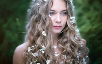 девушка, поза, портрет, лицо, локоны, цветки, длинные волосы, alexander drobkov-light