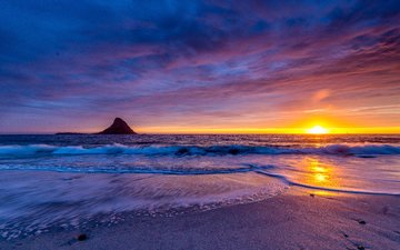 восход, берег, волны, закат, пейзаж, море, пляж, океан, полуночное солнце на пляже блейк, остров андей. графство нордланд, северная норвегия