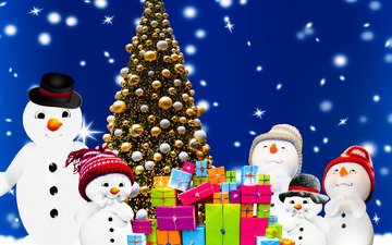новый год, подарки, снеговики, коробки