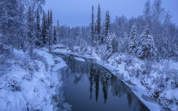 река, снег, природа, лес, зима, отражение, пейзаж, аляска, заснеженные деревья