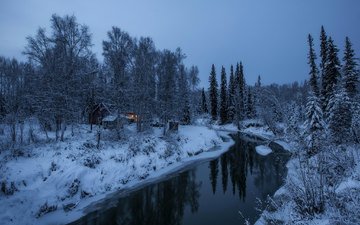 река, снег, природа, лес, зима, отражение, пейзаж, домик, аляска, заснеженные деревья