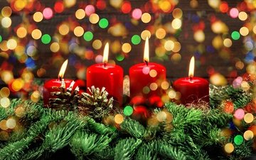 свечи, новый год, хвоя, ветки, ель, праздник, рождество, шишки, боке
