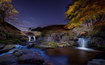 небо, ночь, река, дерево, пейзаж, мост, водопад, осень, арка, peak district