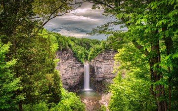 деревья, скалы, пейзаж, водопад, taughannock falls, trumansburg