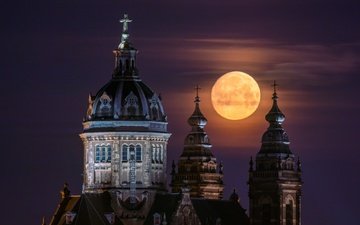 ночь, луна, церковь, купол, нидерланды, амстердам, базилика, церковь святого николая, basilica of saint nicholas, st nicholas basilica