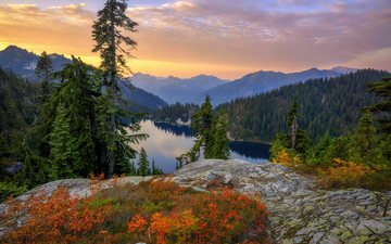 деревья, озеро, горы, природа, закат, пейзаж, snow lake