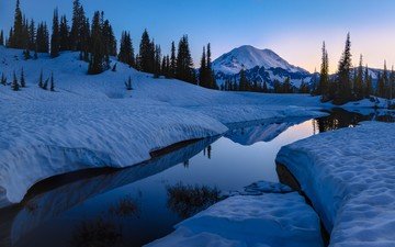 деревья, озеро, горы, снег, закат, зима, пейзаж, alpine spring