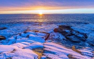 снег, закат, зима, пейзаж, море, скалистый берег, rhode island, jamestown