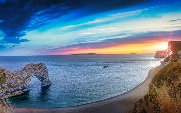 небо, природа, закат, пейзаж, море, скала, пляж, панорама, побережье, арка, durdle door, дорсет, jurassic coast