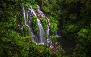 зелёный, индонезия, растительность, бали, наскальный водопад