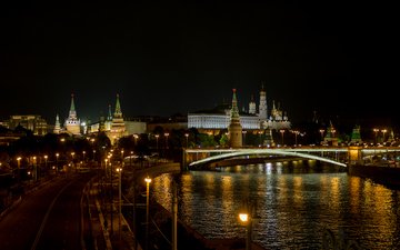 ночь, огни, москва, иллюминация, город, россия, архитектура, здания, москва река, московский кремль