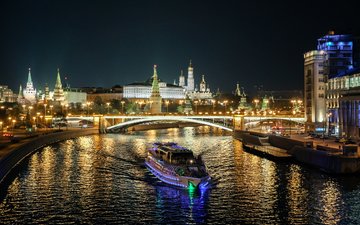 ночь, огни, москва, иллюминация, мост, город, россия, архитектура, здания, москва река, московский кремль, прогулки по москве