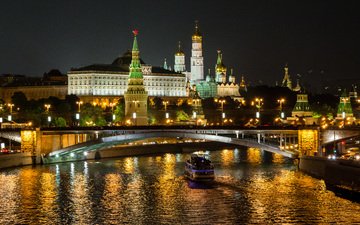 ночь, огни, москва, иллюминация, мост, город, россия, архитектура, здания, москва река, московский кремль