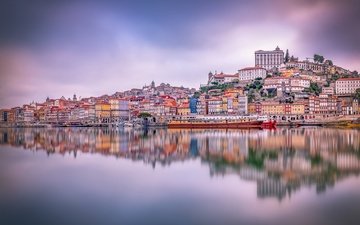 река, отражение, дома, здания, португалия, порту, река дуэро, douro river