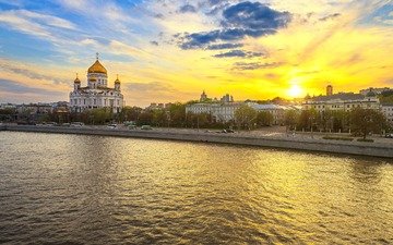 закат, москва, город, россия, архитектура, москва река, собор христа спасителя, russia. москва, храм христа спасителя на закате