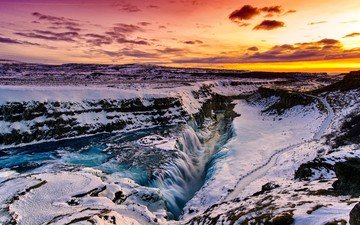 река, снег, закат, зима, пейзаж, водопад, исландия, gullfoss falls