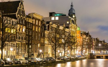 ночь, огни, река, города, панорама, город, нидерланды, амстердам, голландия, canal