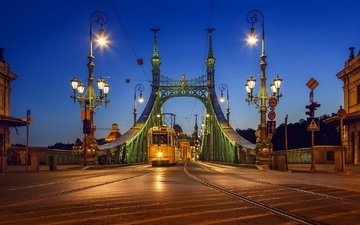 ночь, фонари, огни, иллюминация, город, освещение, венгрия, будапешт, мост свободы, yellow tram 49