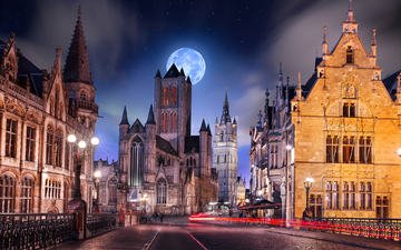 дорога, ночь, город, луна, улица, архитектура, здания, освещение, бельгия, gent
