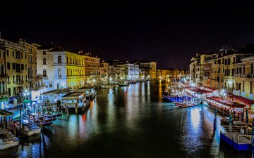 ночь, огни, лодки, венеция, канал, дома, италия, архитектура