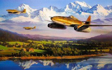 самолет, война, живопись, искусство, вторая мировая война, реактивный самолёт, messerschmitt, мессершмитт me 262