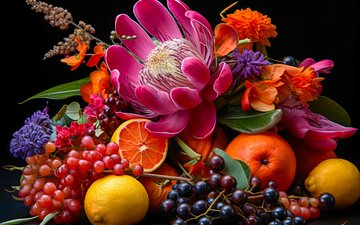 цветы, арт, лимон, витамины, ягоды, апельсин, красивый, яркий, натюрморт, цитрусы, цветочный