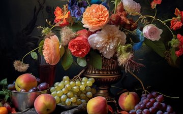 цветы, виноград, фрукты, разноцветный, букет, красивый, персики, ваза, натюрморт