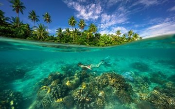 девушка, пейзаж, море, пальмы, морское дно, coral paradise, коралловый остров, аквалангистка