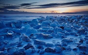 закат, пейзаж, море, побережье, лёд, исландия