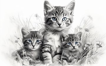 рисунок, животные, кошки, котята, изобразительное искусство