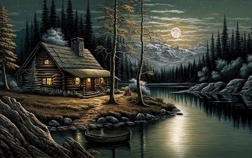 арт, облака, ночь, картина, пейзаж, луна, медведь, водоем, искусство, лунный свет, хижина, дом на берегу озера