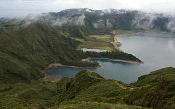 озеро, горы, природа, пейзаж, сверху, португалия, азорские острова