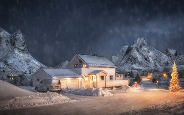 дорога, горы, снег, зима, дом, норвегия