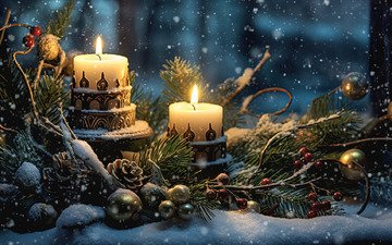 ночь, снег, свечи, новый год, украшения, зима, ягоды, рождество