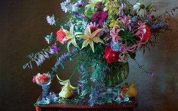 цветы, стиль, букет, ягоды, ваза, натюрморт, смородина, груши